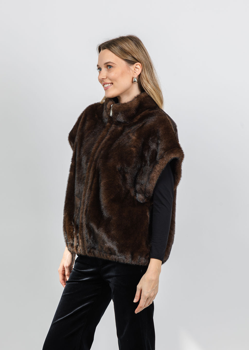 Repeat Reversible Faux Mink Vest in Choco available at Barbara Katz