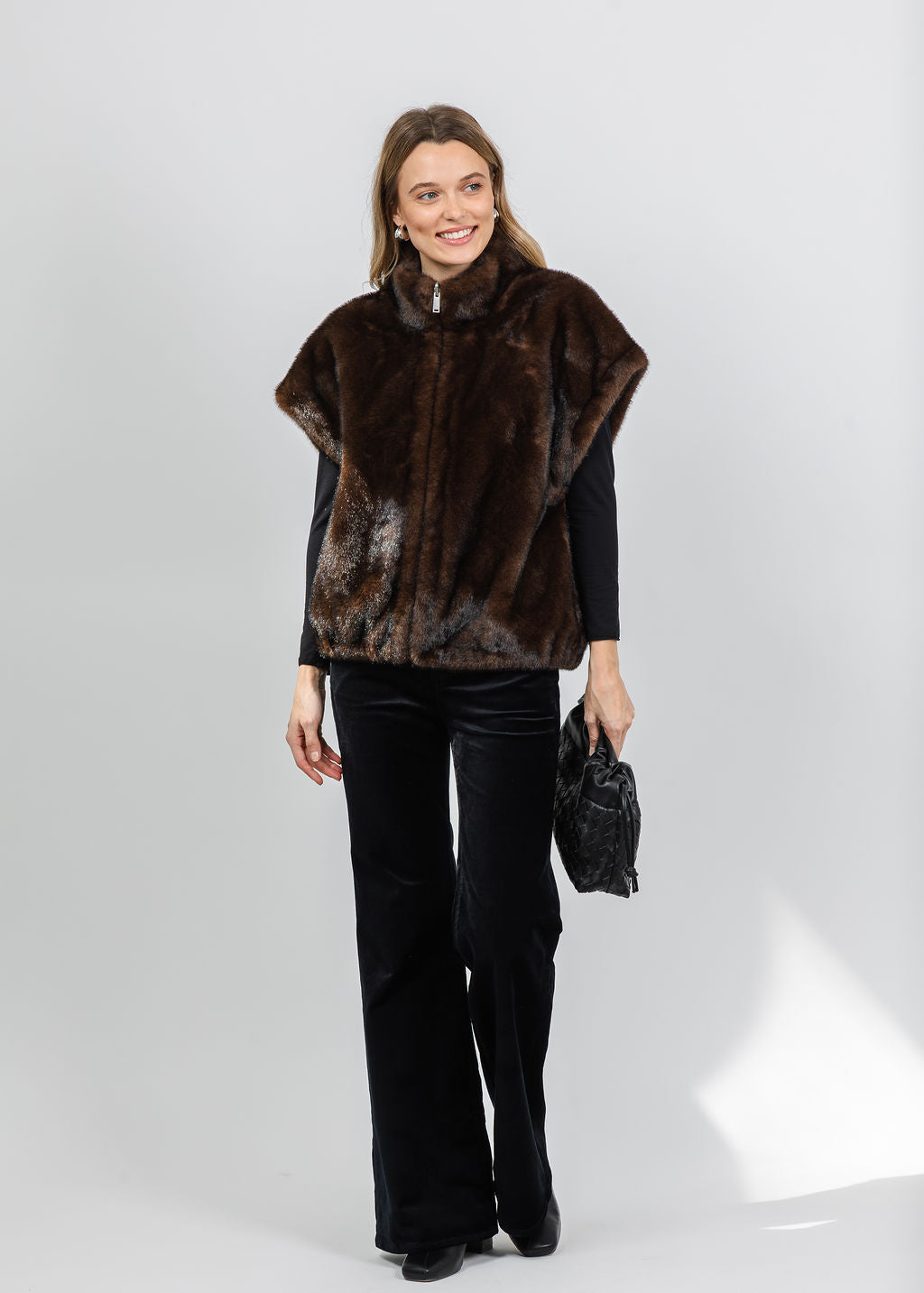 Repeat Reversible Faux Mink Vest in Choco available at Barbara Katz