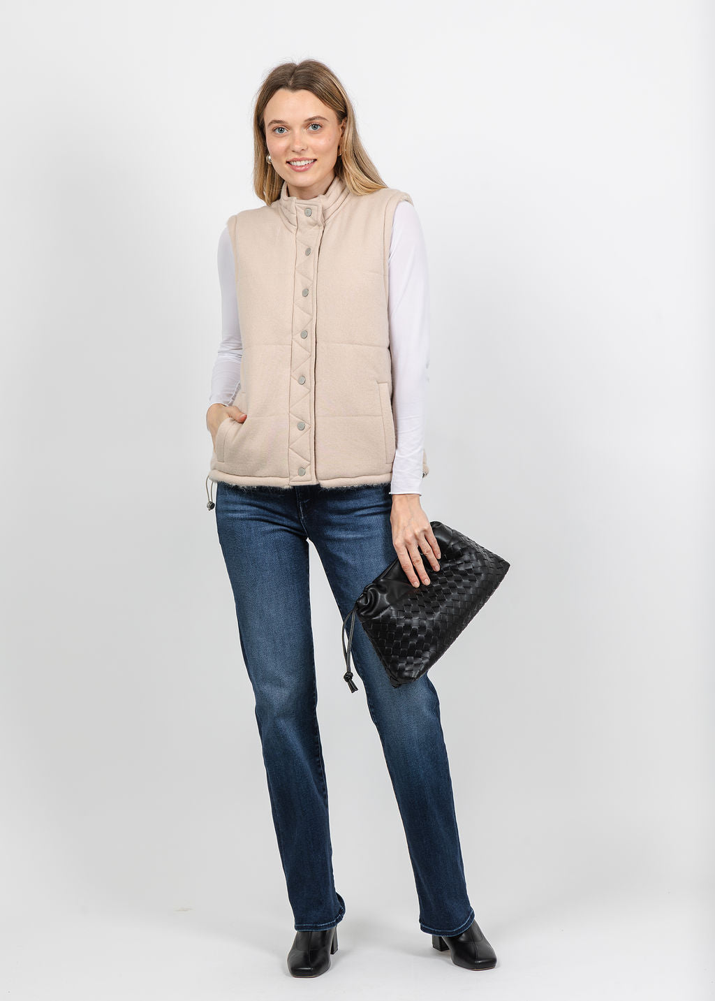 Repeat Reversible Quilted Placket Vest in Natural available at Barbara Katz