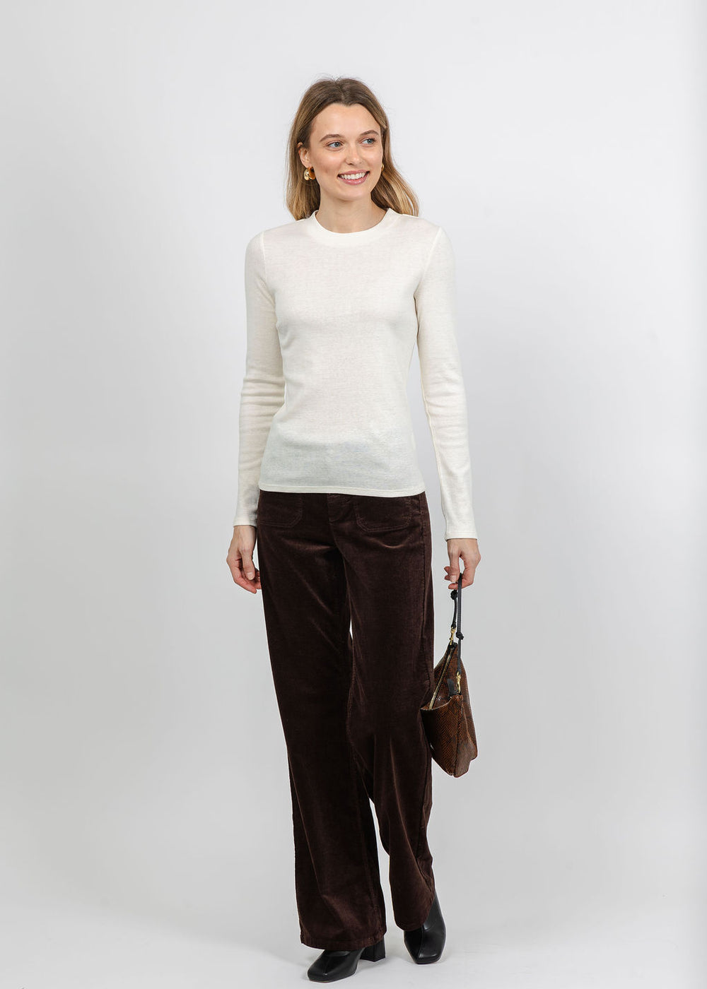 Repeat Ribbed Long Sleeve Top in Ivory paired with Cambio Tess Corduroy Jean in Dark Chocolate available at Barbara Katz