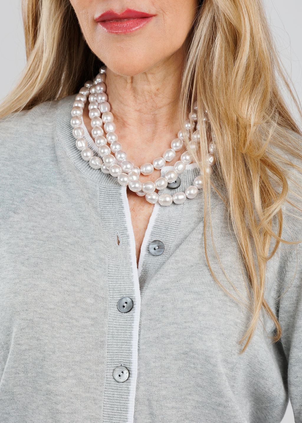 Repeat Short Sleeve Cardigan With Contrast Seams in Soft Grey with BK Jewelry Cristy Pearl 3-Row Short Necklace available at Barbara Katz