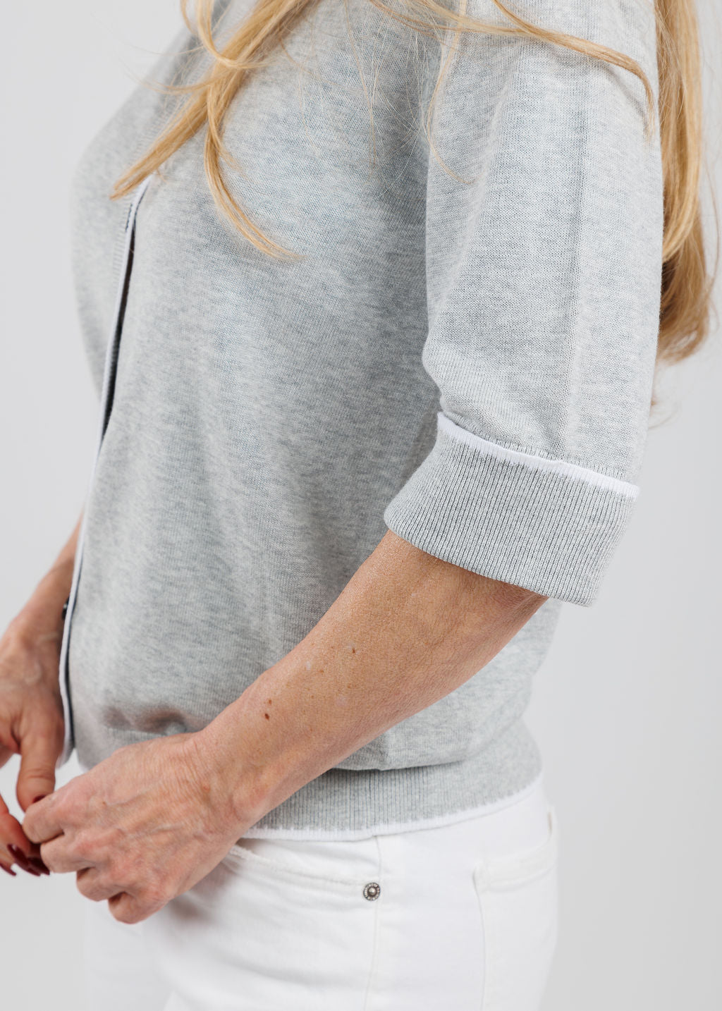 Repeat Short Sleeve Cardigan With Contrast Seams in Soft Grey available at Barbara Katz