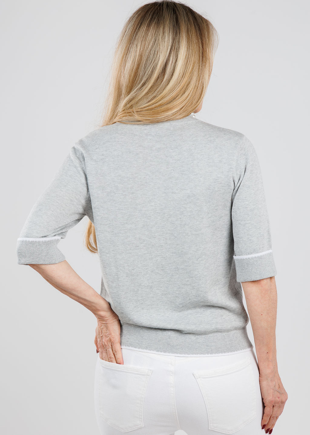 Repeat Short Sleeve Cardigan With Contrast Seams in Soft Grey available at Barbara Katz