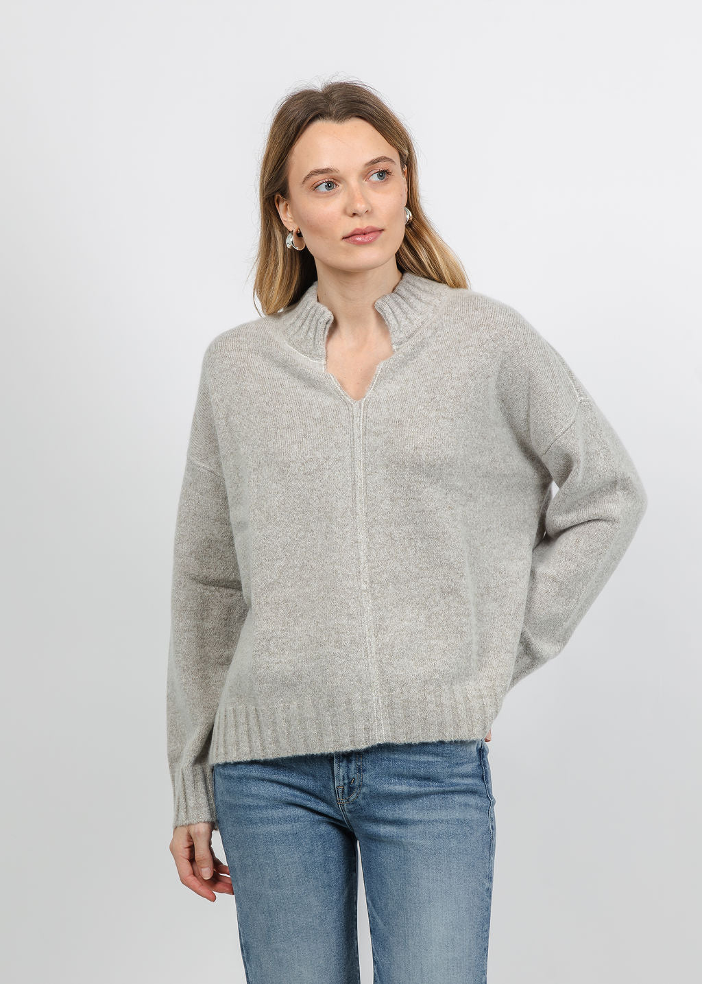 Repeat Split Stand Collar Slouchy Pullover Sweater in Hazel available at Barbara Katz