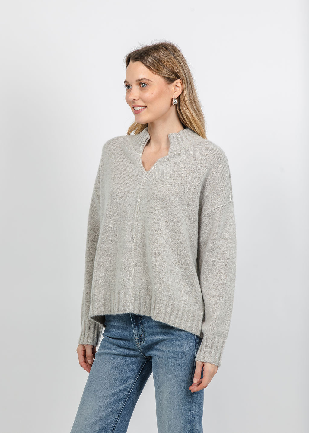 Repeat Split Stand Collar Slouchy Pullover Sweater in Hazel available at Barbara Katz