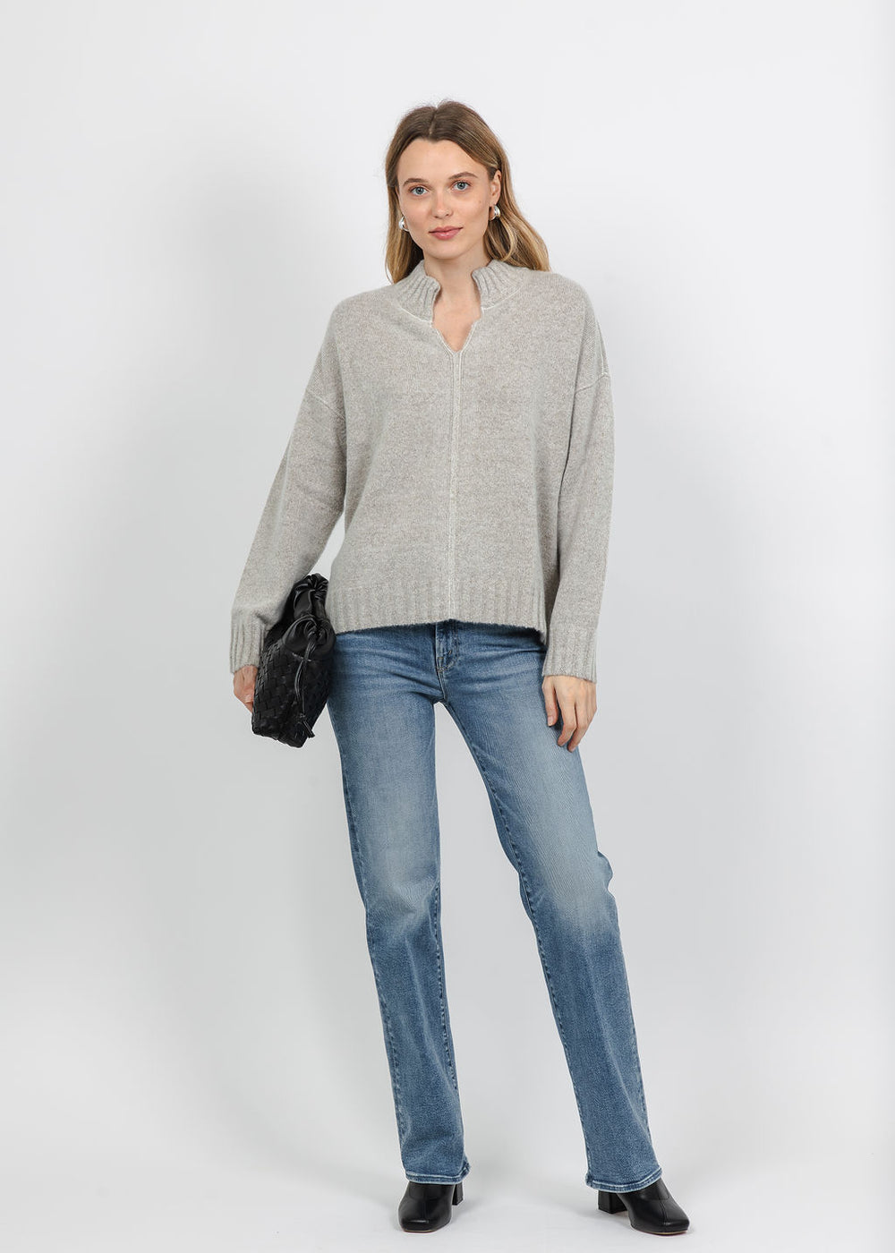 Repeat Split Stand Collar Slouchy Pullover Sweater in Hazel available at Barbara Katz