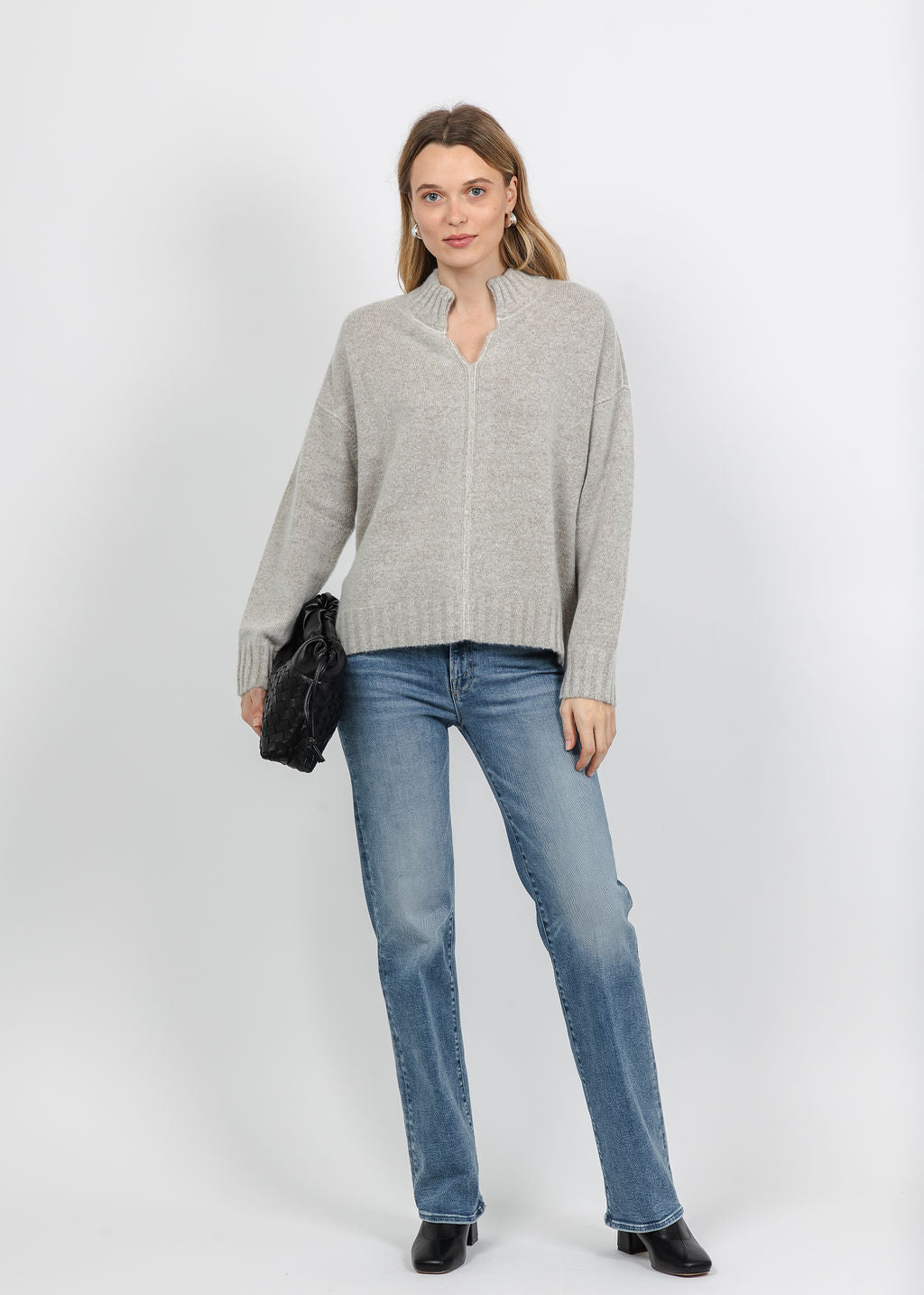 Repeat Split Stand Collar Slouchy Pullover Sweater in Hazel available at Barbara Katz