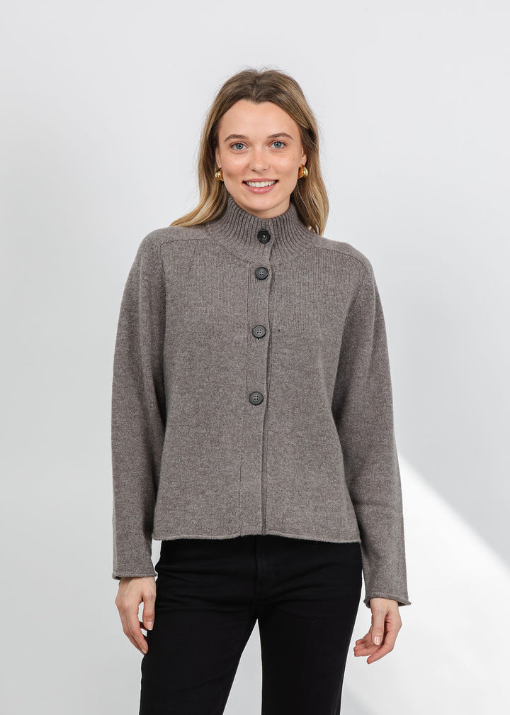 Repeat Stand Collar Long Cardigan in Concrete available at Barbara Katz