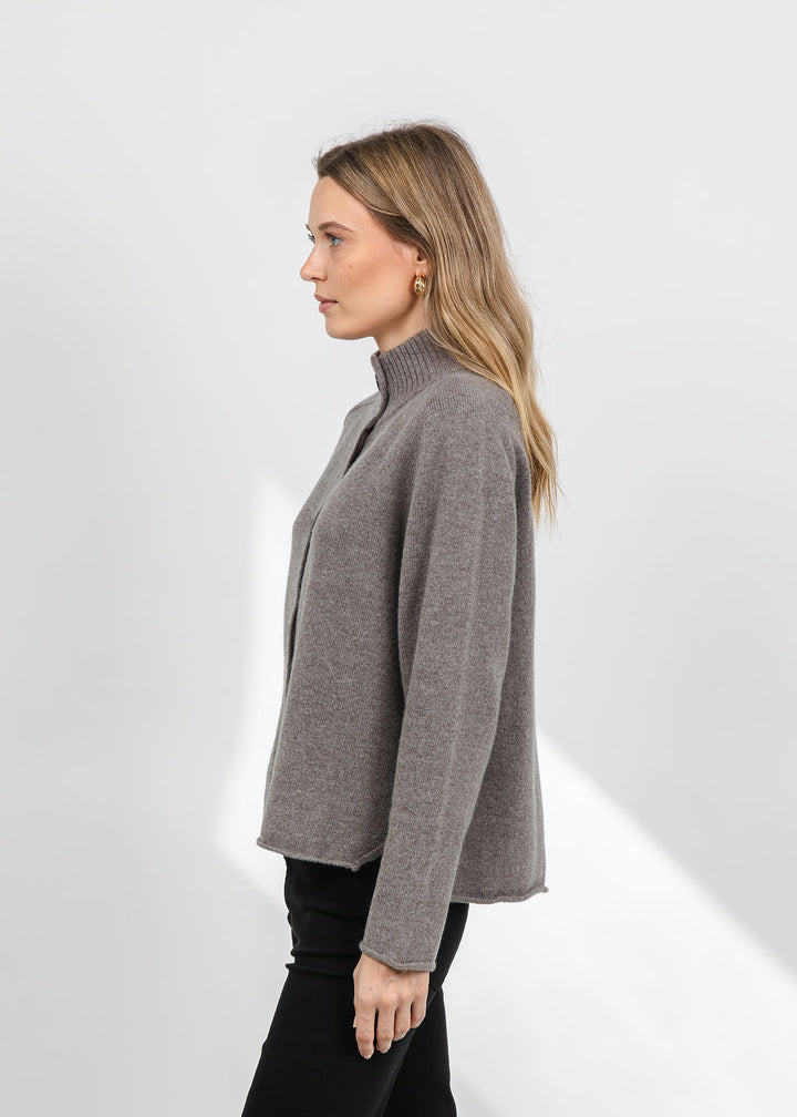 Repeat Stand Collar Long Cardigan in Concrete available at Barbara Katz