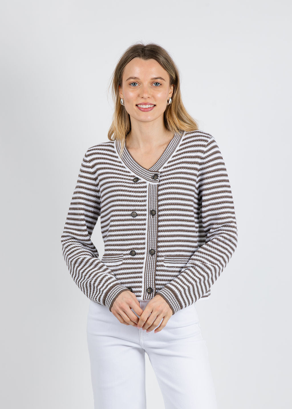 Repeat Stripe Waffle Cardigan in Mud available at Barbara Katz