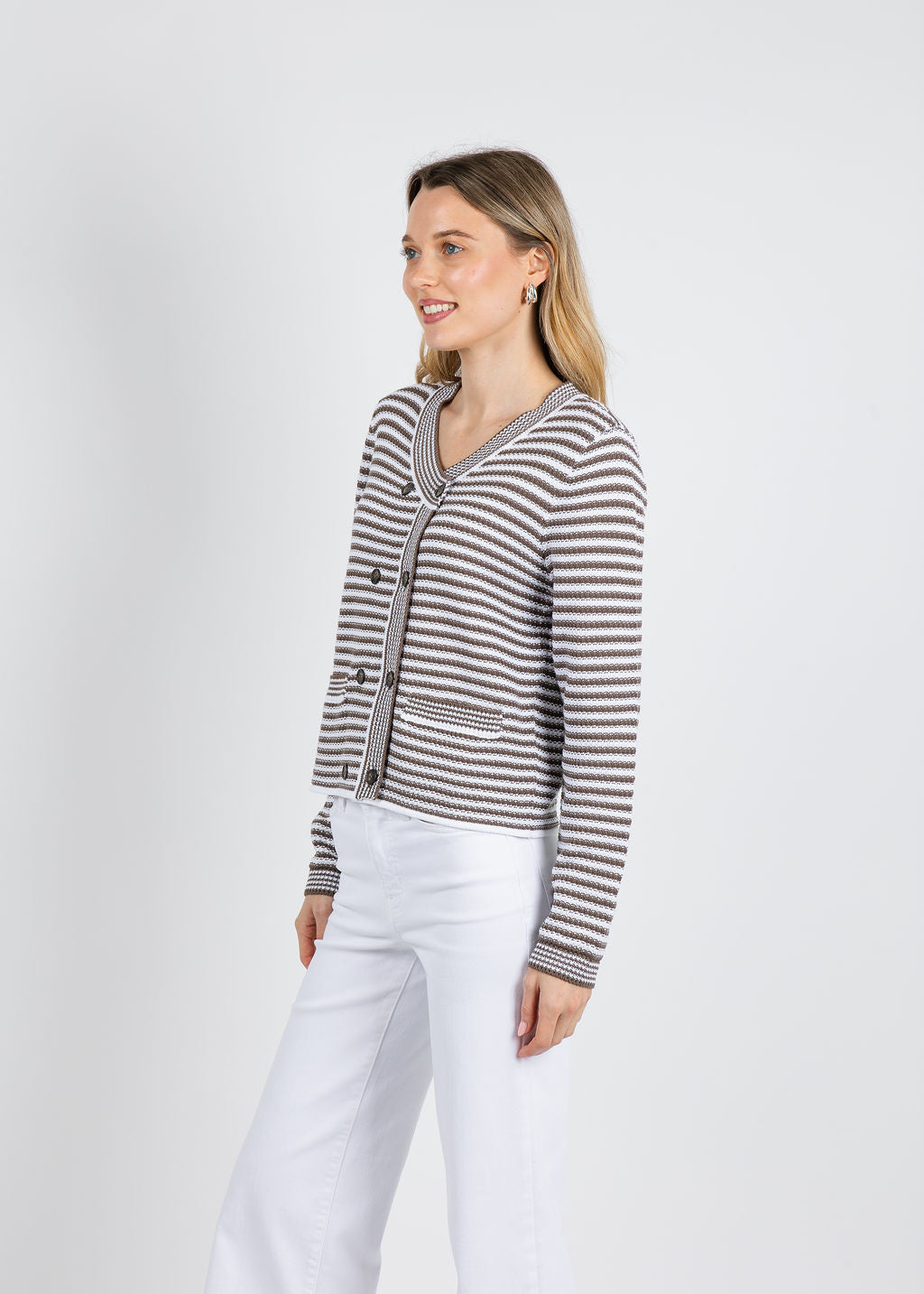 Repeat Stripe Waffle Cardigan in Mud available at Barbara Katz