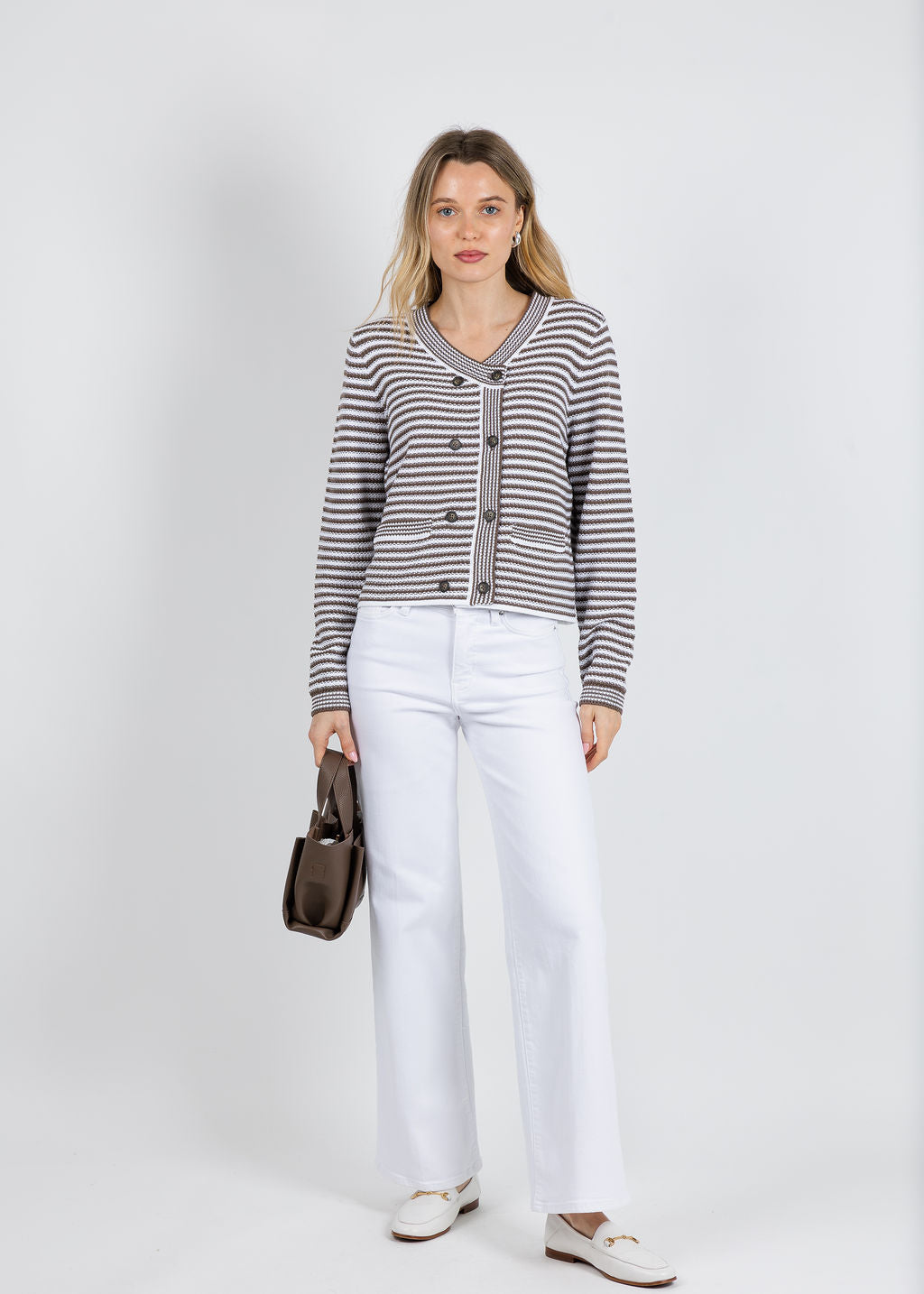 Repeat Stripe Waffle Cardigan in Mud available at Barbara Katz