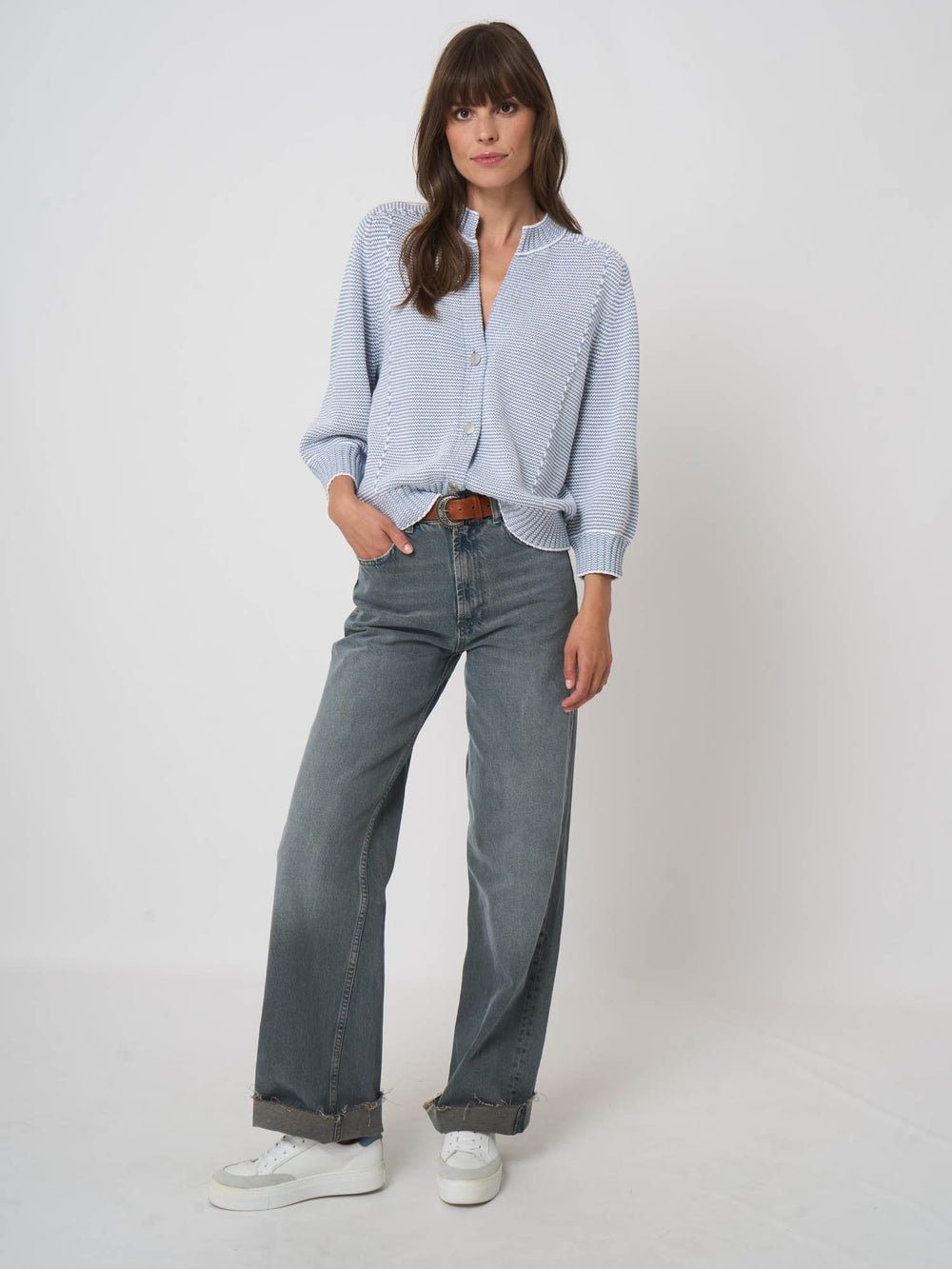 Repeat Zig Zag Cardigan in Denim available at Barbara Katz