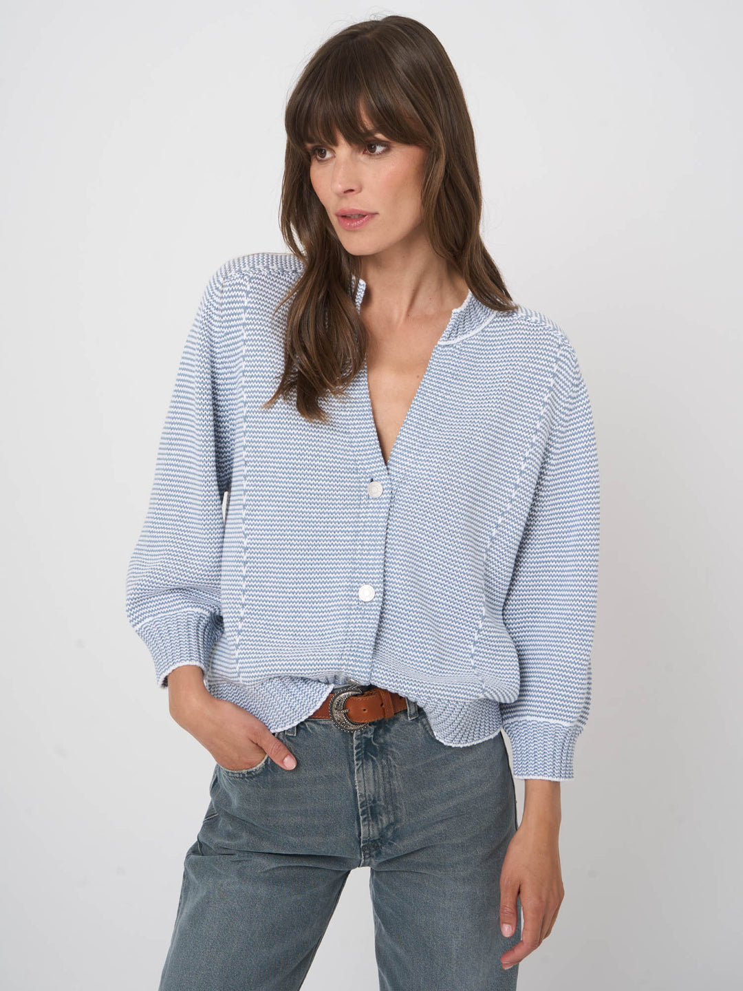 Repeat Zig Zag Cardigan in Denim available at Barbara Katz