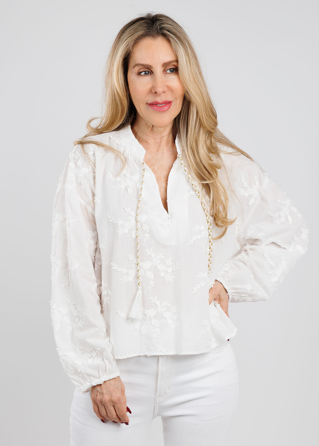 Repeat Flower Embroidered Blouse in Cream available at Barbara Katz