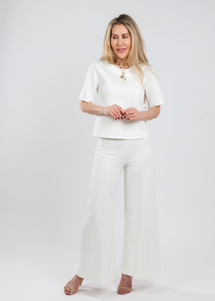 Ripley Rader Off White Ponte Knit Top paired with matching Ponte Knit Cropped Wide Leg Pants, Chan Luu Lori Abalone Mix Necklace available at Barbara Katz