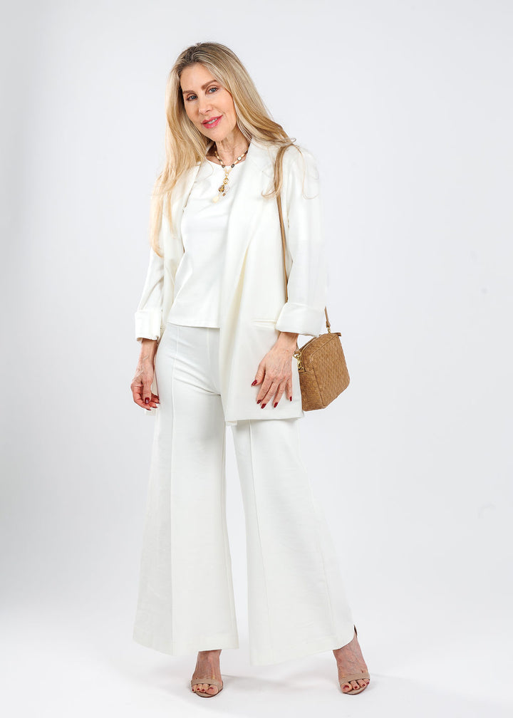 Ripley Rader Off White Ponte Knit Top & Blazer paired with matching Ponte Knit Cropped Wide Leg Pants, Chan Luu Lori Abalone Mix Necklace, Clare V Midi Sac Crossbody Bag in Clay Nappa Leather & Suede Woven Checker available at Barbara Katz