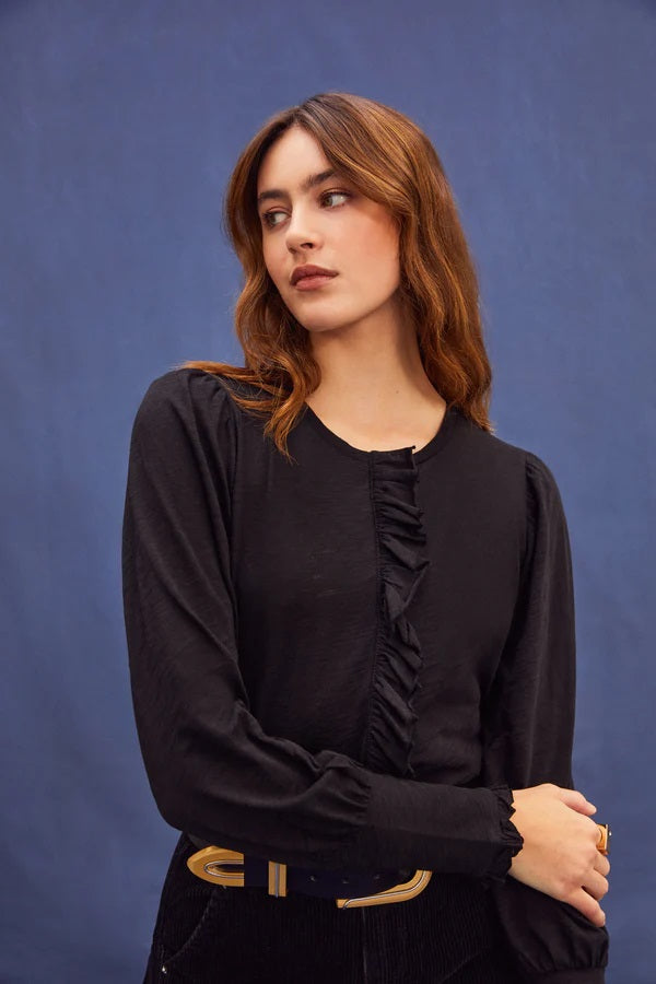 Ruffle Placket Top - Black
