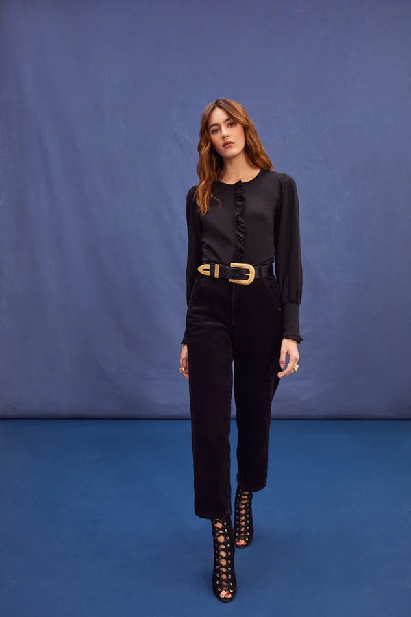 Ruffle Placket Top - Black