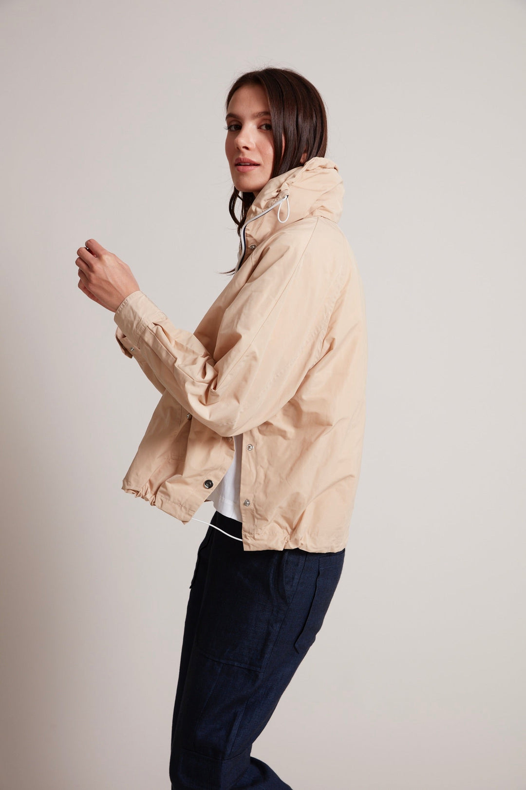 Adroit Atelier Ryder Convertible Hooded Bomber Jacket in Sand available at Barbara Katz