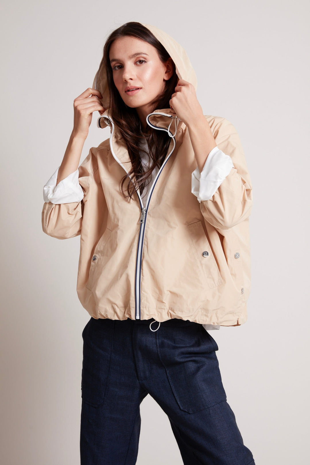 Adroit Atelier Ryder Convertible Hooded Bomber Jacket in Sand available at Barbara Katz