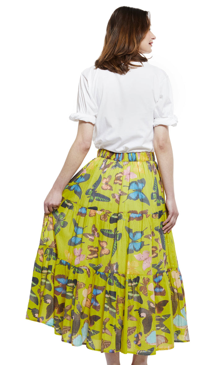 Dizzy-Lizzie Woodstock Midi Skirt - Chartreuse With Butterflies available at Barbara Katz