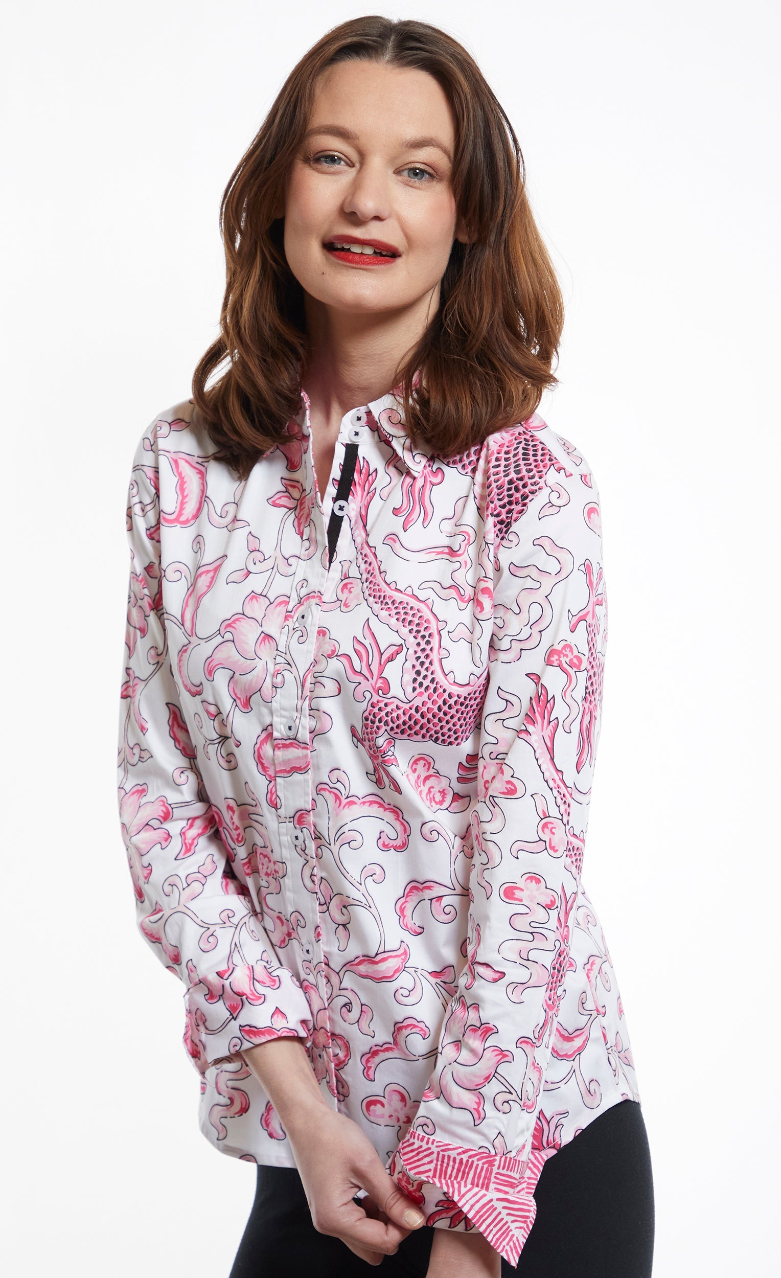 Dizzy-Lizzie Rome Long Sleeve Shirt - Pink Dragon Print – Barbara Katz