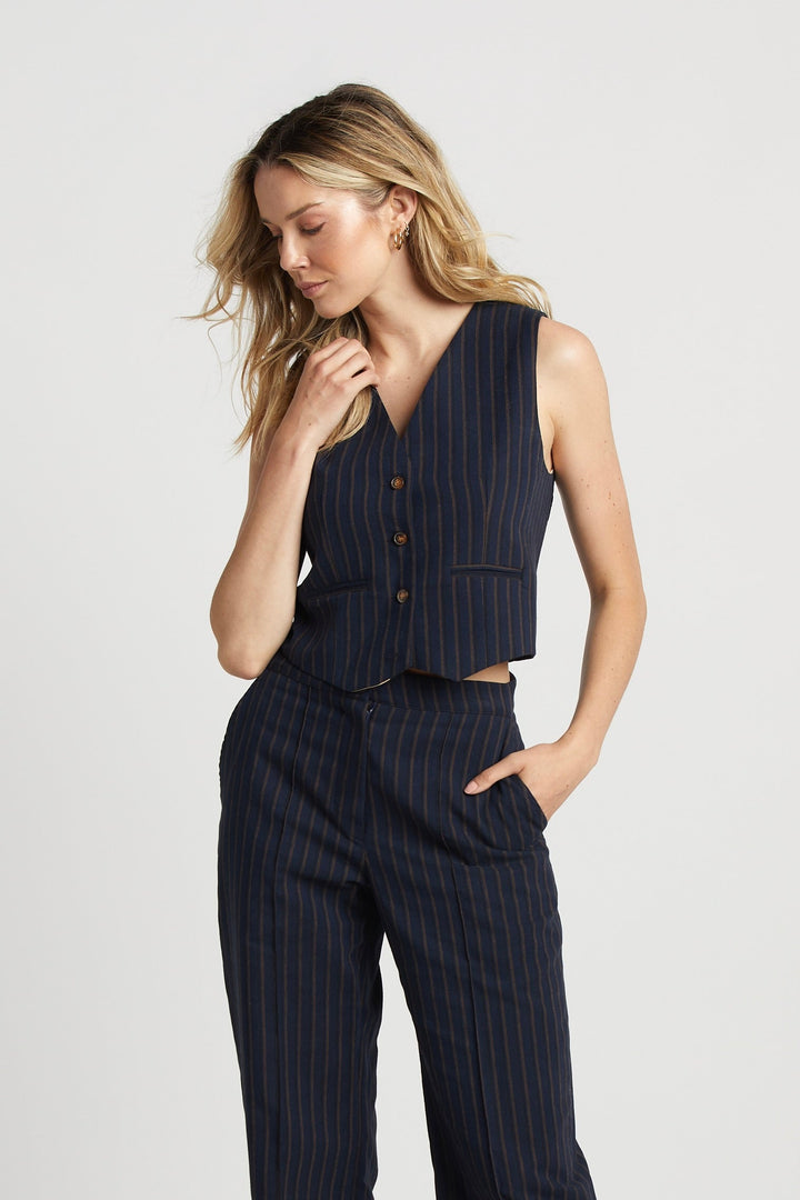 Adroit Atelier Sandro Sleeveless Pinstriped Vest in Navy/Chocolate available at Barbara Katz