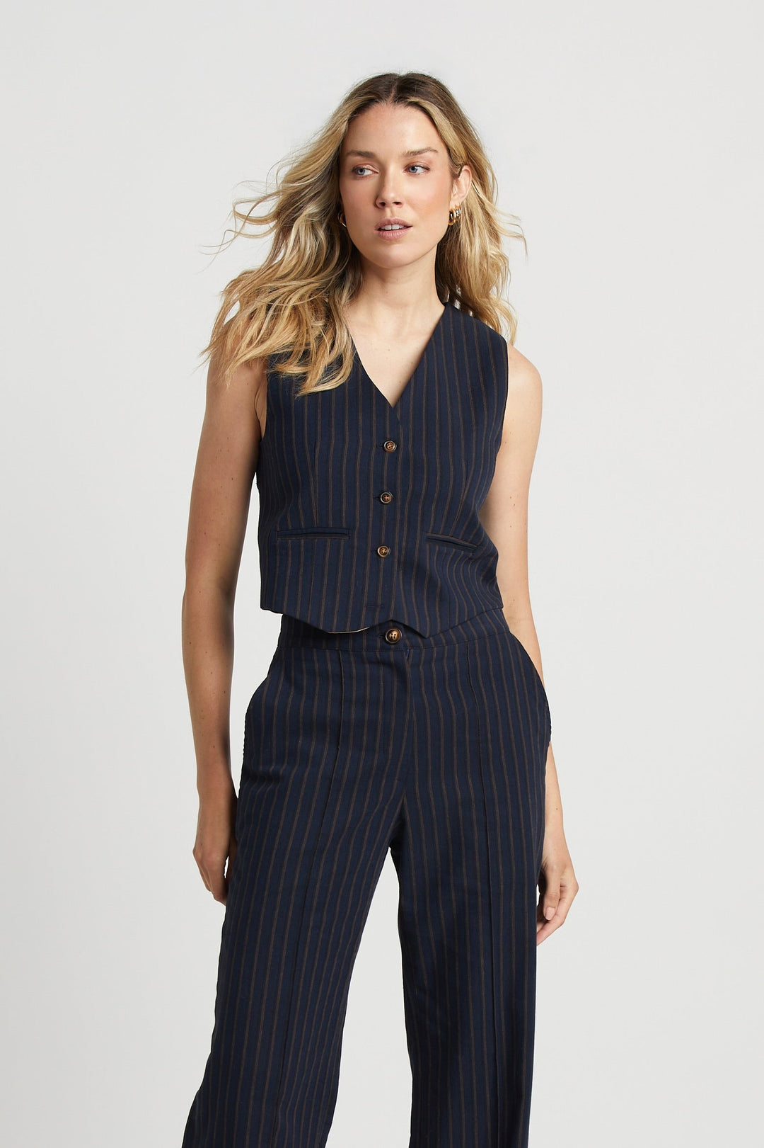 Adroit Atelier Sandro Sleeveless Pinstriped Vest in Navy/Chocolate available at Barbara Katz