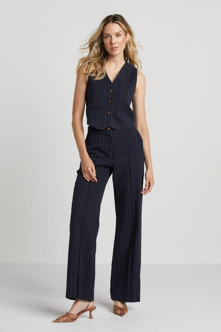Adroit Atelier Sandro Sleeveless Pinstriped Vest in Navy/Chocolate available at Barbara Katz