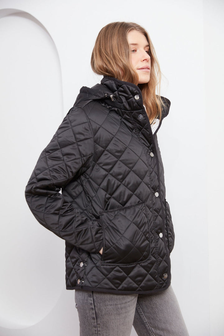 Adroit Atelier Shelby Quilted Jacket With Removable Hood in Black available at Barbara Katz