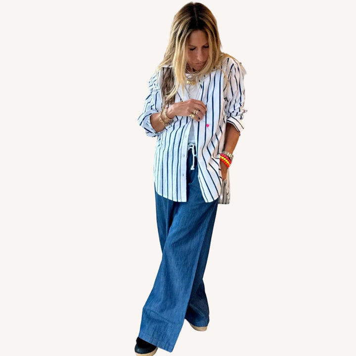 Kerri Rosenthal Palazzo Denim Pants in True Denim available at Barbara Kat