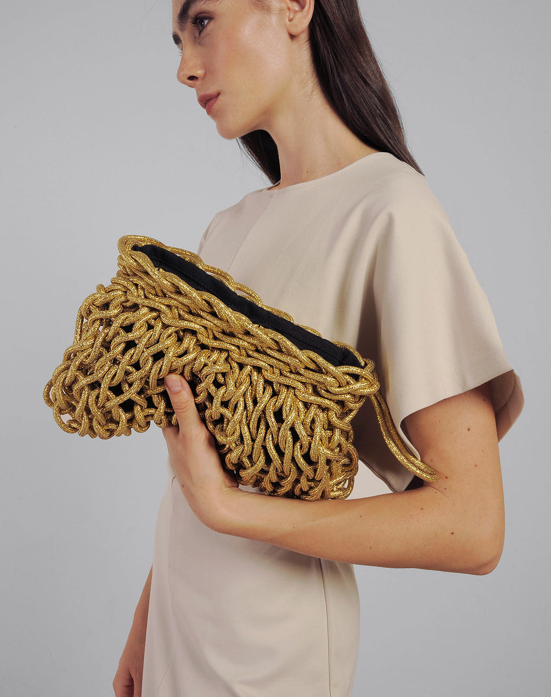 Alienina Susi Clutch in Gold Lurex available at Barbara Katz