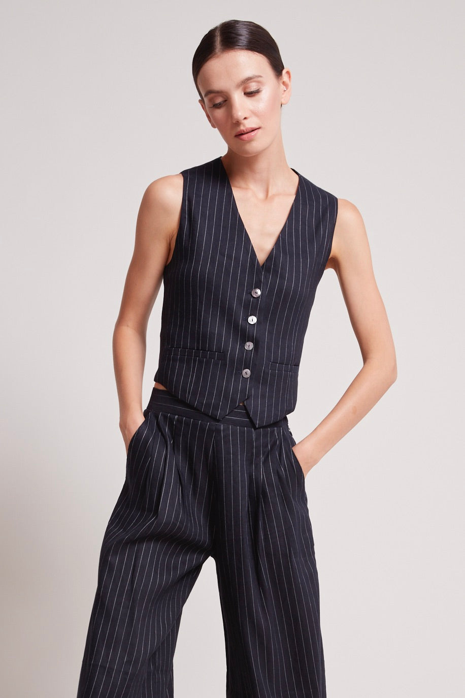Adroit Atelier Sandro Waistcoat in Dark Navy/White available at Barbara Katz