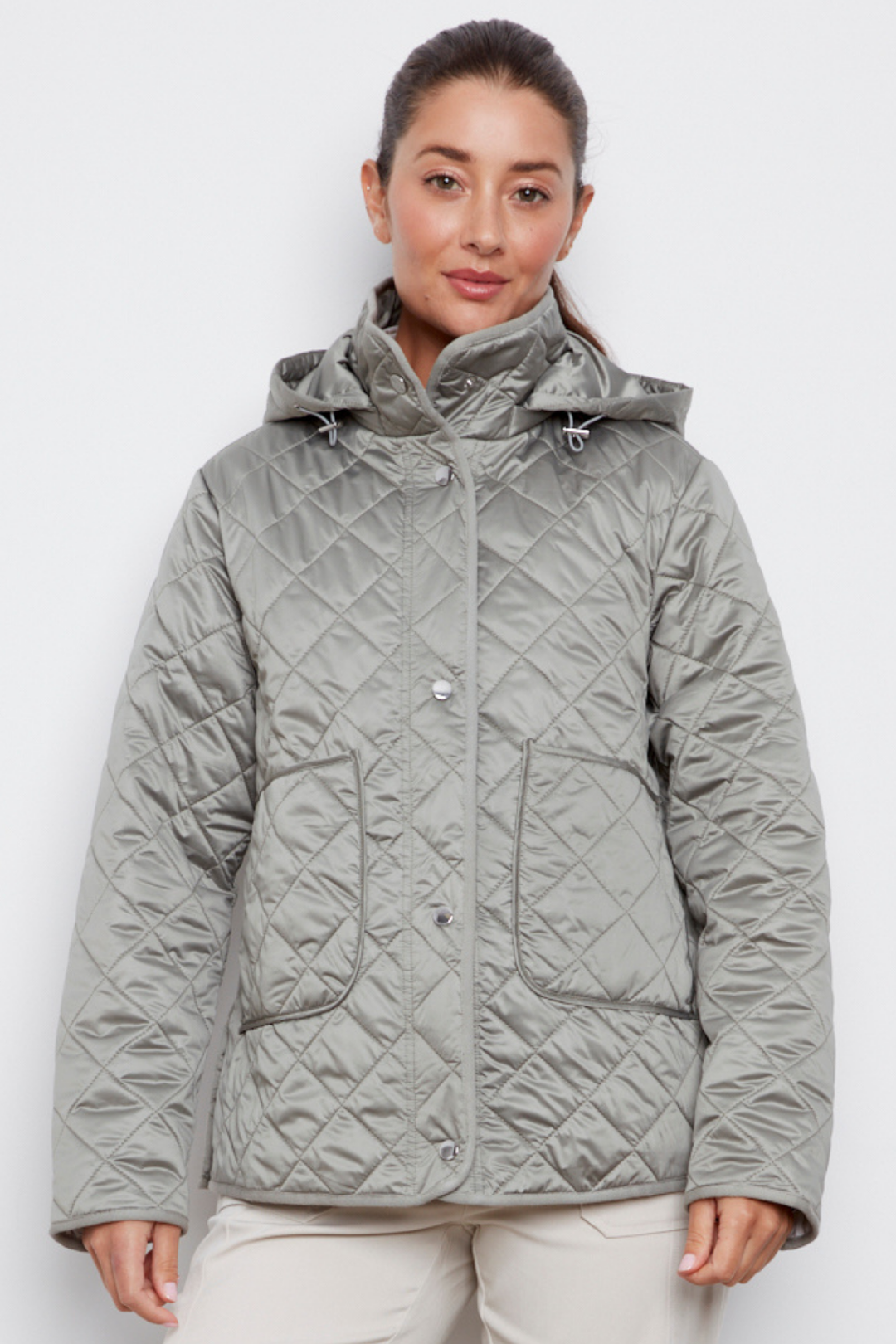 Adroit Atelier Shelby Quilted Jacket With Removable Hood in Agave Green available at Barbara Katz