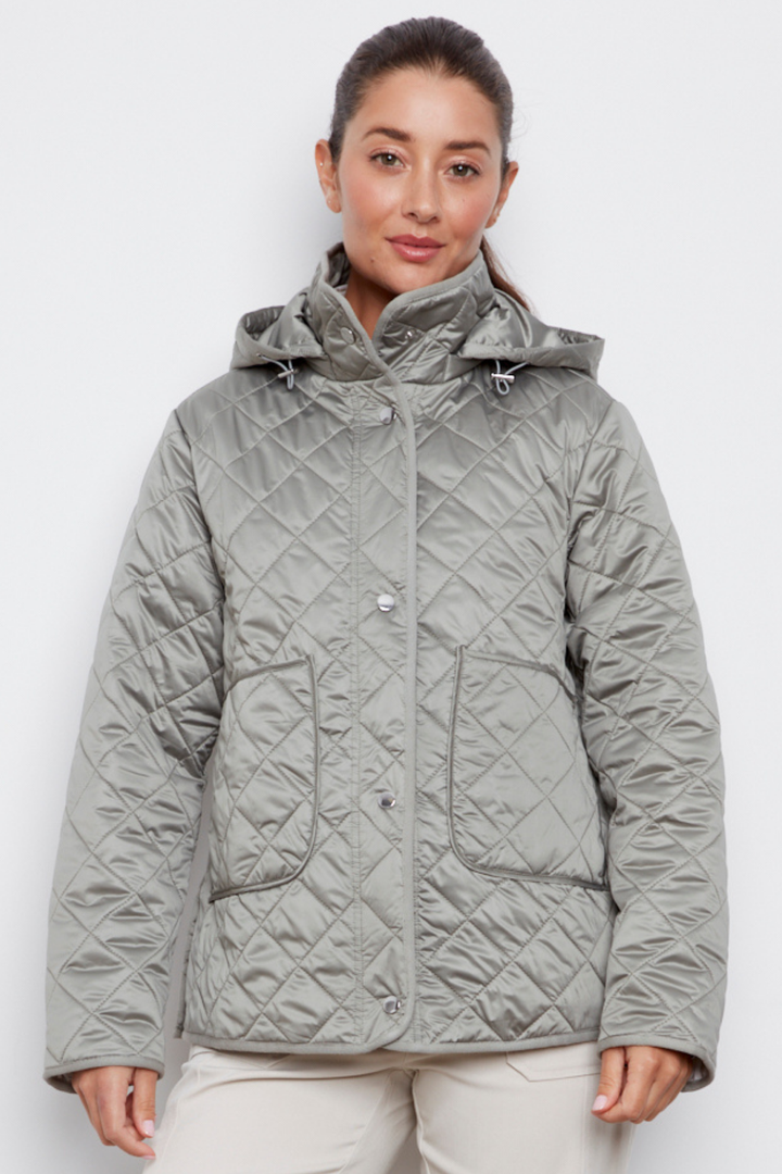 Adroit Atelier Shelby Quilted Jacket With Removable Hood in Agave Green available at Barbara Katz
