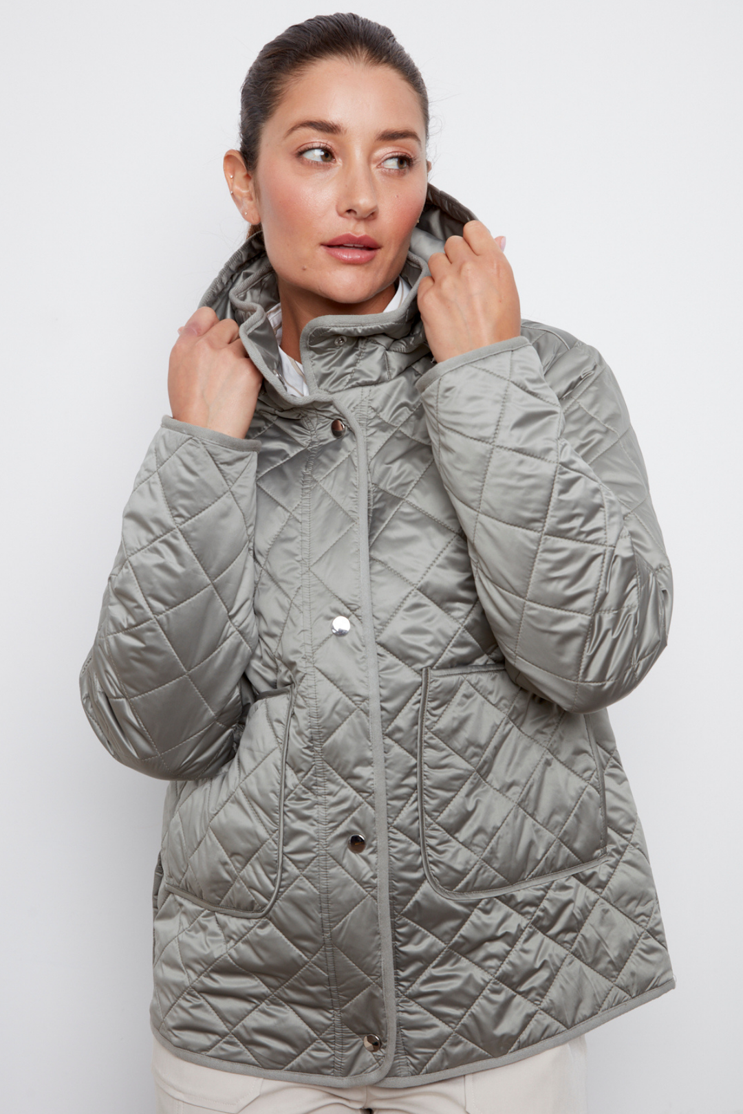 Adroit Atelier Shelby Quilted Jacket With Removable Hood in Agave Green available at Barbara Katz
