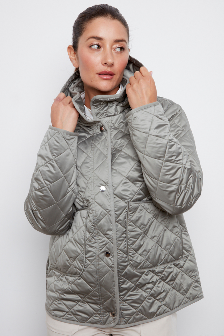 Adroit Atelier Shelby Quilted Jacket With Removable Hood in Agave Green available at Barbara Katz