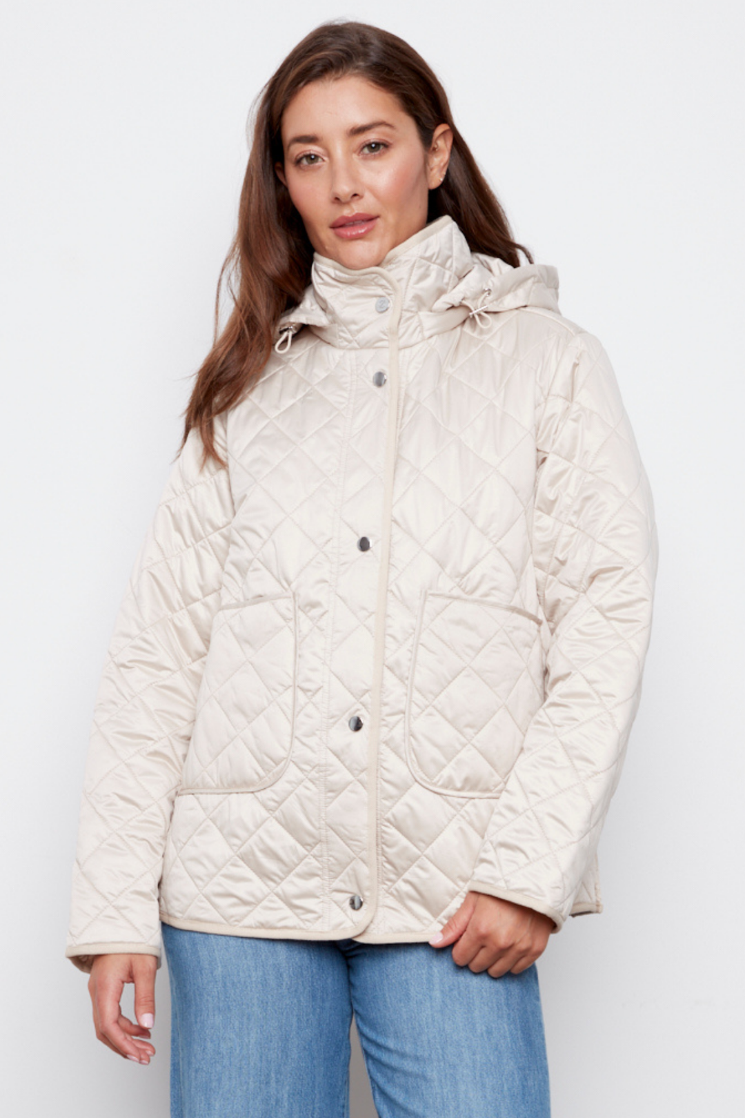 Adroit Atelier Shelby Quilted Jacket With Removable Hood in Birch available at Barbara Katz