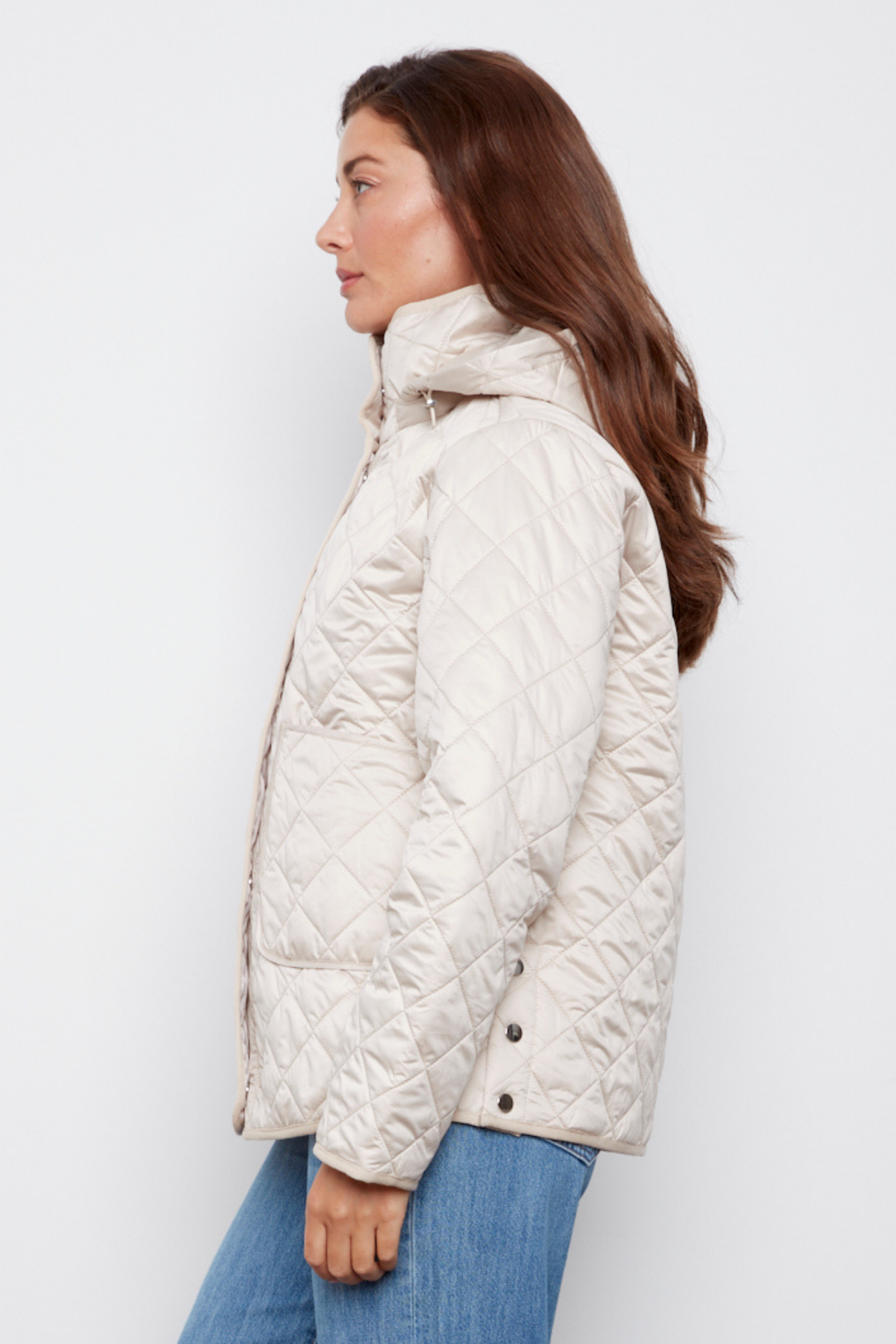Adroit Atelier Shelby Quilted Jacket With Removable Hood in Birch available at Barbara Katz