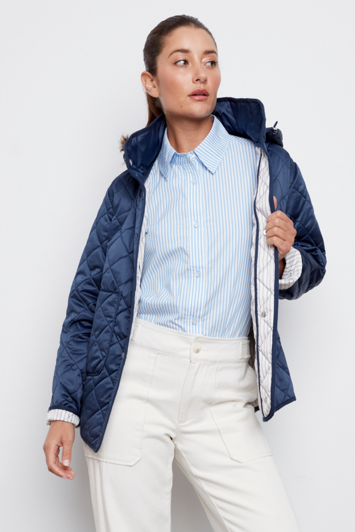 Adroit Atelier Shelby Quilted Jacket With Removable Hood in Navy available at Barbara Katz