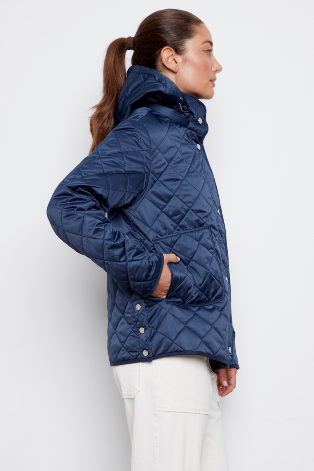 Adroit Atelier Shelby Quilted Jacket With Removable Hood in Navy available at Barbara Katz