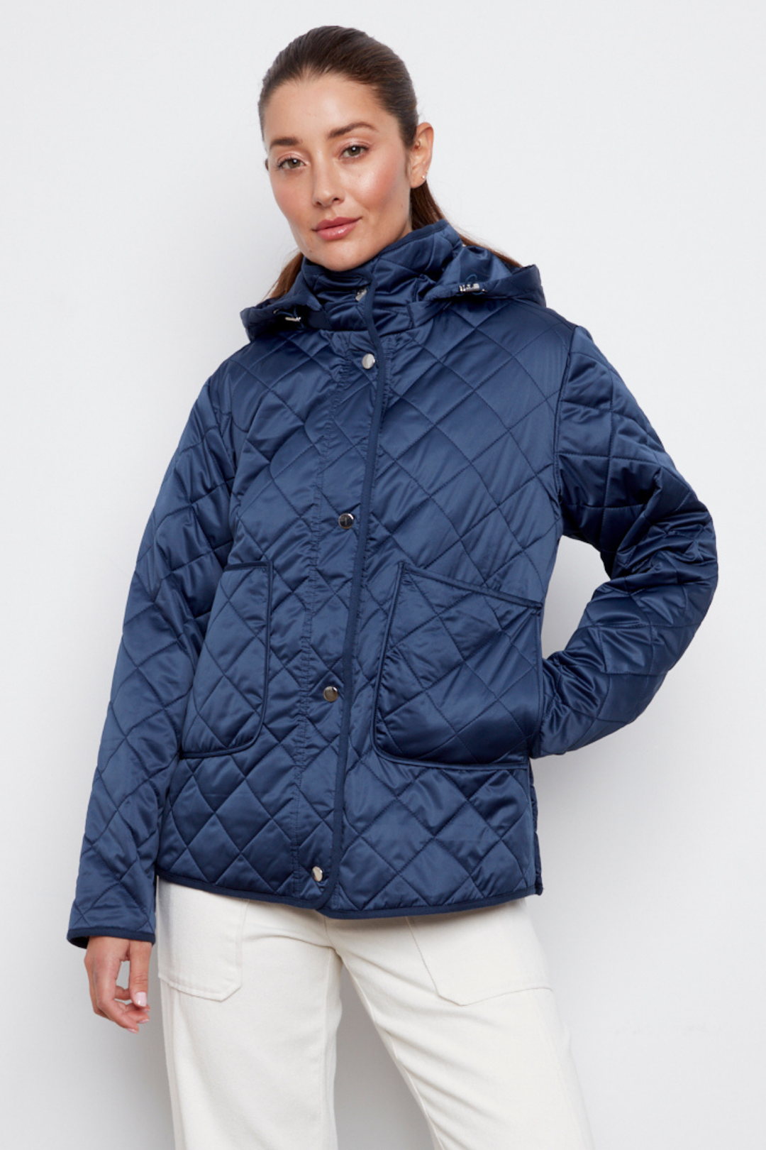 Adroit Atelier Shelby Quilted Jacket With Removable Hood in Navy available at Barbara Katz