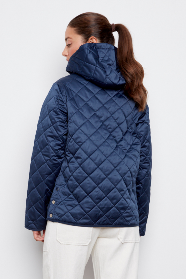 Adroit Atelier Shelby Quilted Jacket With Removable Hood in Navy available at Barbara Katz