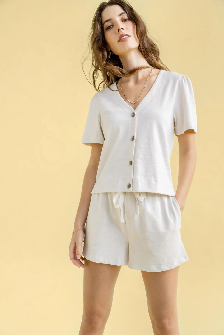 Textured Knit Short Sleeve Cardigan - Gardenia 