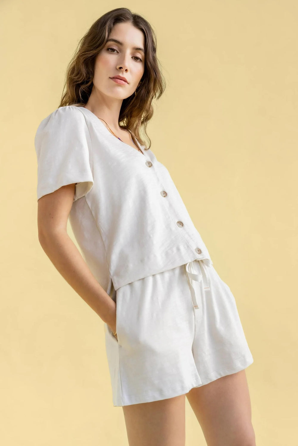 Textured Knit Short Sleeve Cardigan - Gardenia 