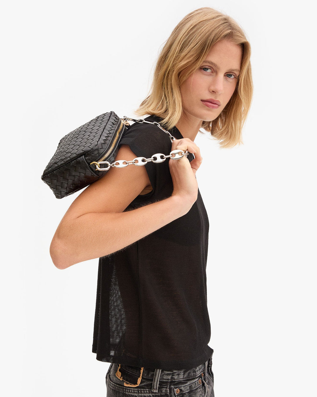 Clare V Midi Sac Woven Crossbody in Black available at Barbara Katz