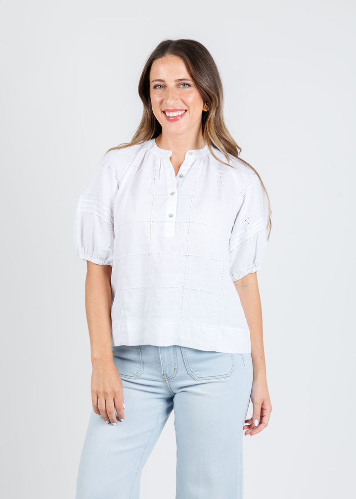 Rails Shoshanna Top in Charli Patchwork Embroidery paired with Frame The Anchor Pants in Float Raw Fray available at Barbara Katz