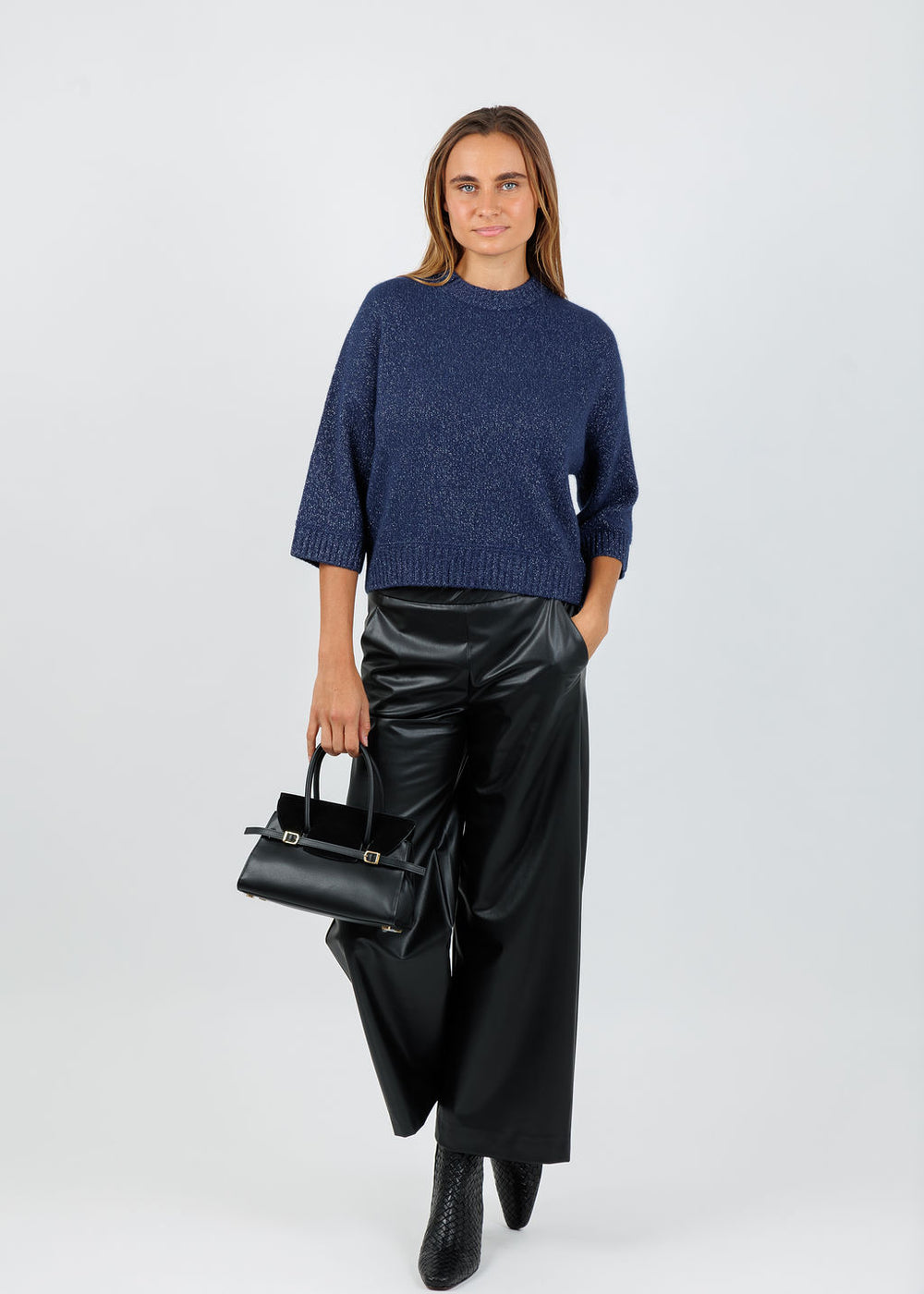 BK Sienna Elbow Sleeve Crew Sweater in Midnight available at Barbara Katz