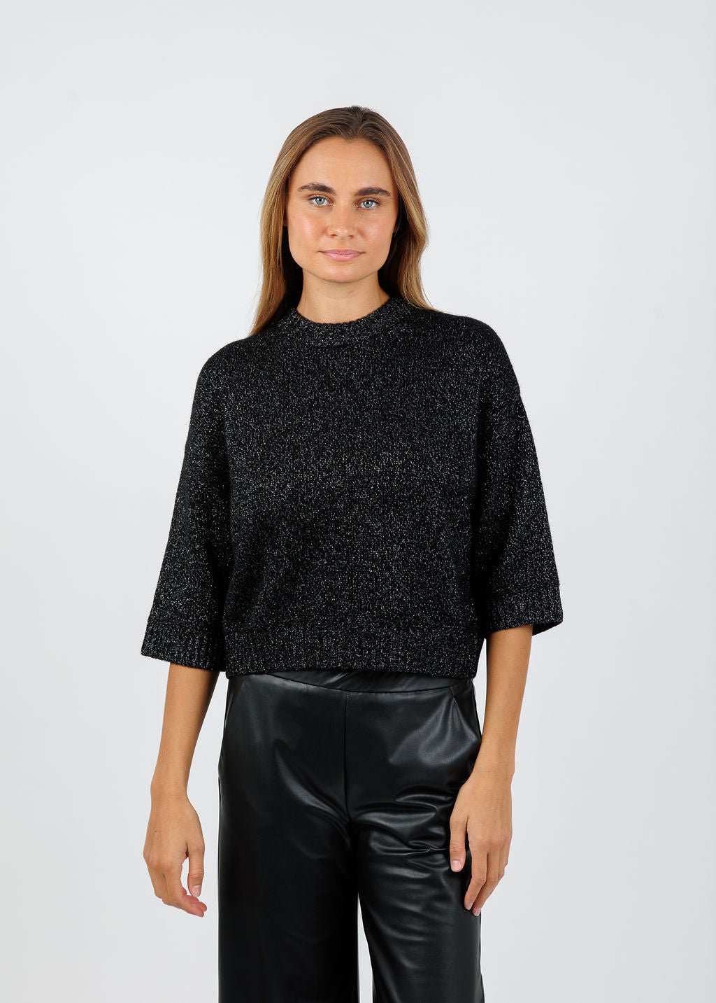 BK Sienna Elbow Sleeve Crew Sweater in Ebony available at Barbara Katz